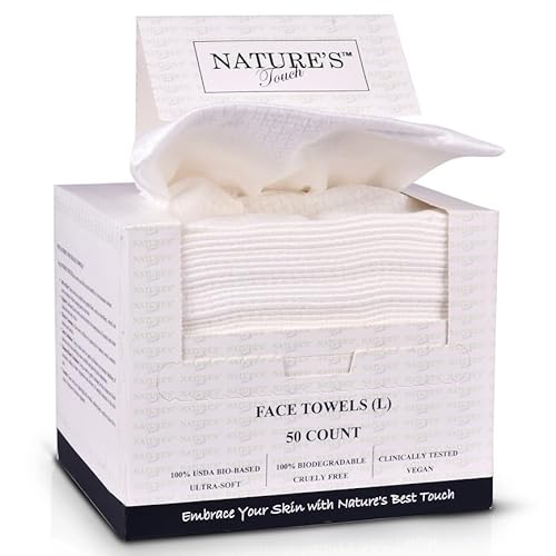 Nature¡¯s Touch Face Towels, Biodegradable Viscose, 100% USDA Biobased, Disposable Face Towelette, Ultra Soft, Vegan, OEKO-TEX Certified, Travel, Skincare, Beauty Routine Use, 10"x12", Pack of 1, 50 Ct