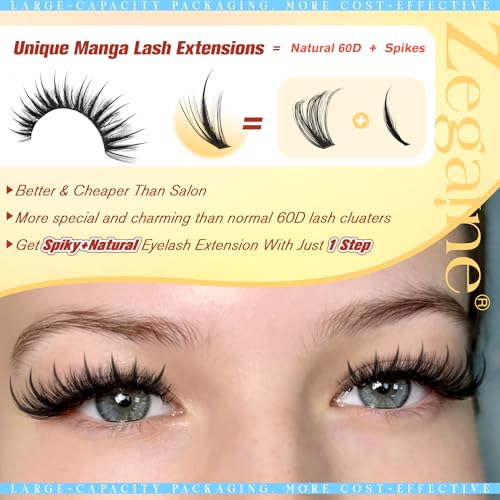 Manga Lash Clusters Natural Eyelash Clusters With Spikes 300Pcs 13-21MM Long Wispy Cluster Eyelash Extensions D-Curly Volume Lash Clusters Anime Individual Lashes Fairy Lash Extensions by Zegaine