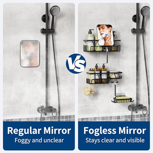 KEGII Fogless Shower Mirror for Shaving with Razor Holder, 4 Pack Adhesive Shower Caddy Set with Soap Holder & Hooks, No-Drill Rustproof Bathroom Organizer, Black