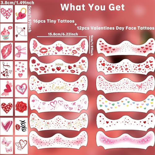 28 Pcs Valentine's Day Face Tattoos, Kiss Love Heart Tattoos Temporary, Red Fake Temporary Tattoo for Women Girls Valentine Makeup Accessories