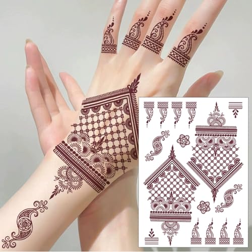 12 Sheets Brown Henna Tattoo Kit, Waterproof Tattoo Stickers for Women Wedding Party Body Art Stickers