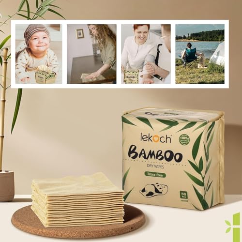 LEKOCH Bamboo Dry Wipes - 100% Biodegradable & Hypoallergenic | Makeup Remover & Baby Wipes | 1 Packs (50 Count, 8x8 Inches) | Ultra Soft for Wet/Dry Use