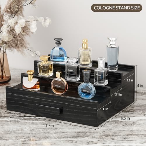 Walnut Cologne Organizer for Men,3 Tier Cologne Stand,Wooden Cologne Holder Display Shelf with Drawer Storage and Hidden Compartment,Perfume Stand Organizer,Gift for Men Dad Husband,Black