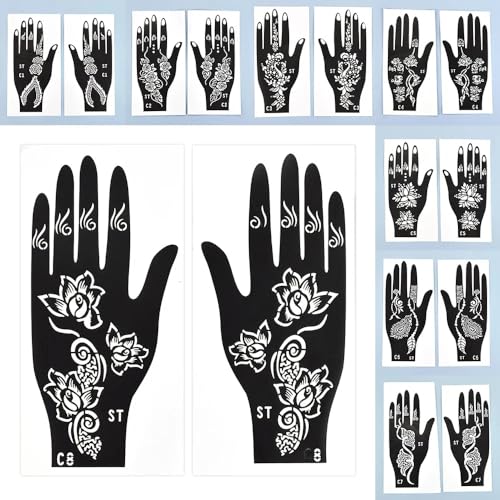 16 Sheets Temporary Henna Tattoo Kit Reusable Tattoo Stencils Sets Indian Arabian Temporary Tattoo Templates Kits for Body Hand Art for Men Women
