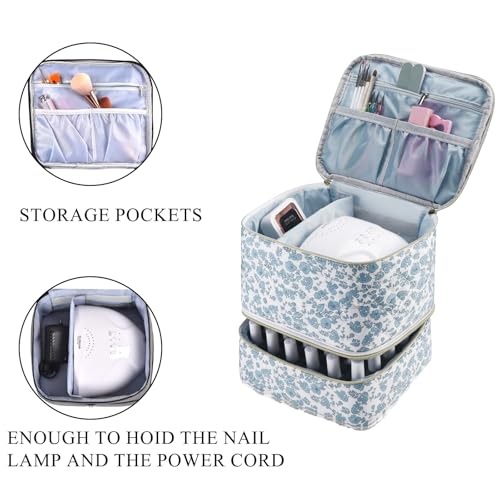 Upgraded Nail Polish Organizer Case - Holds 30 Bottles and 1 Nail Light, Double-layer Nail bag Organzier Case Nail Polish Storage Bag with Handles (Blue-Flower)