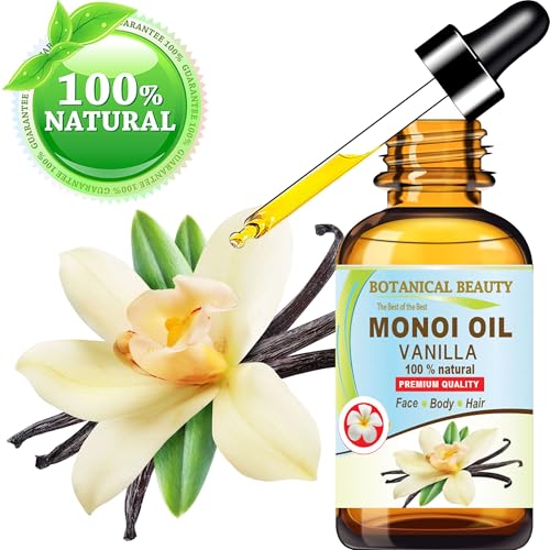 Botanical Beauty MONOI OIL VANILLA - Tiare flowers in Coconut Oil and Vanilla Bean Oil 100% Natural 1 Fl.oz - 30 ml Pure for FACE, SKIN, BODY, HAIR, NAILS