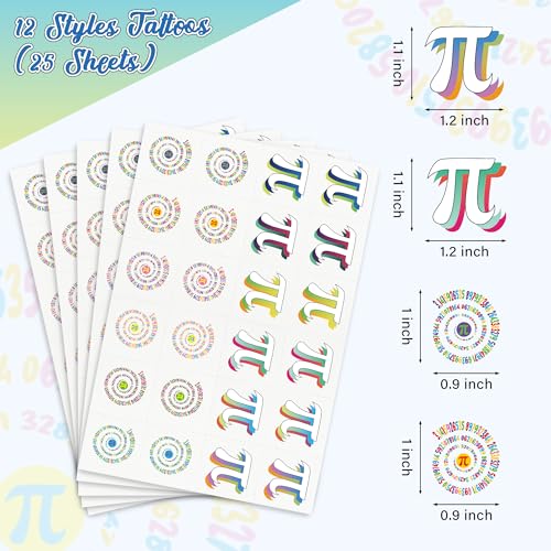 WATINC 600 Pcs Pi Day Tattoos Sticker Bulk, 25 Sheets Pi Symbol Temporary Tattoos, Pi Day Fake Tattoo Stickers Decorations, Math Pi Theme Party Favor Decor for Kids School Classroom Class Activities