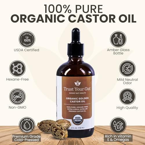 Trust Your Gut Organic Golden Castor Oil, 100% Pure Cold-Pressed Hexane-Free Extra Virgin Oil for Colon Cleansing, Gut Wellness, Skin Care, Healthy Nails & Hair Growth - 4 oz