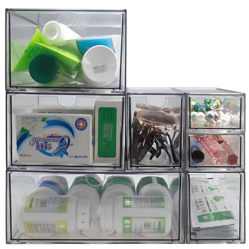 7 Pack Stackable Storage Drawers Acrylic Bathroom Makeup Organizer Clear Plastic Storage Bins for Makeup,Vanity,Pantry,Desk,Undersink,Kitchen
