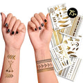 Terra Tattoos Gold Metallic Tattoo Flash Sheets Designs of Stars, Feathers, Moon & more! Face Tattoos for Women Waterproof Nontoxic Long Lasting 75+ Designs for Vacation, Festivals Parties - Gold