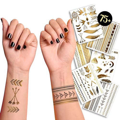 Terra Tattoos Gold Metallic Tattoo Flash Sheets Designs of Stars, Feathers, Moon & more! Face Tattoos for Women Waterproof Nontoxic Long Lasting 75+ Designs for Vacation, Festivals Parties - Gold