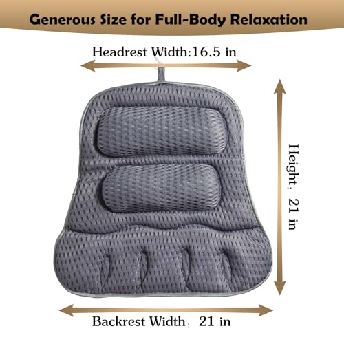Bath Pillows for Tub, Full-Body Relaxation with Head, Neck & Shoulder Support, Ergonomic Design, 10 Suction Cups, Breathable 4D Air Mesh (Grey)