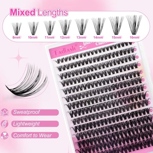 FADLASH Lash Clusters Kit 280PCS Individual Eyelash Clusters D Curl 8-16mm Eyelash Extension Kit with Lash Bond and Seal Lash Tweezer for Beginners (40D-0.07D-8-16mm KIT)