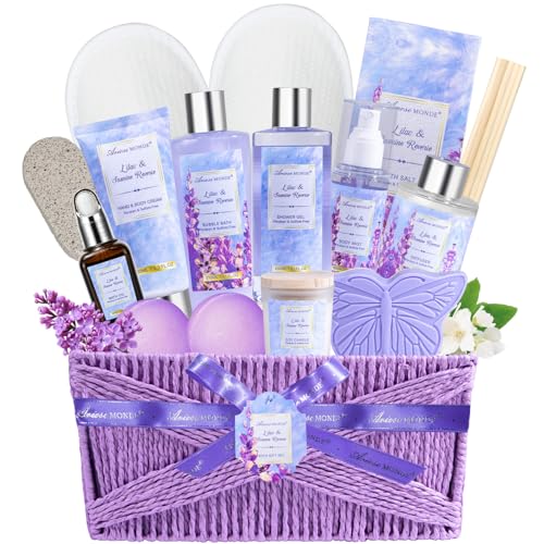Gift baskets for women, 15Pcs Lilac Women Bath Gift Baskets w/Body Mist, Diffuser, Bath Bomb. Unique Relaxing Spa Gift Basket Set, Mothers Day Gifts for Mom Wife Grandma Daughter Friends Sister