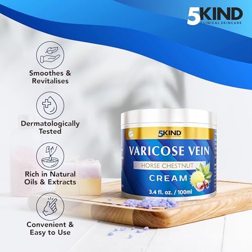 Varicose Veins Treatment for Legs 3.4 Fl Oz - Horse Chestnut Cream for Varicose Veins with Zinc, Avocado & Arnica - Improve the Appearance & Feel of Varicose Veins - Varicose Veins Cream by 5Kind