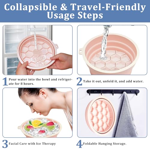 2-in-1 Silicone Face & Drink Ice Bowl - Collapsible Cryotherapy Mold for Facial Icing & Beverage Chilling, Portable Cold Plunge Basin Reduces Puffiness & Cools Drinks (Pink)