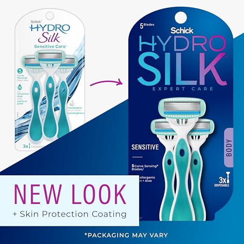 Schick Hydro Silk Sensitive Women's Disposable Razors, 3ct | 5-Blade Disposable Razors for Women Sensitive Skin | Travel Razor for Women