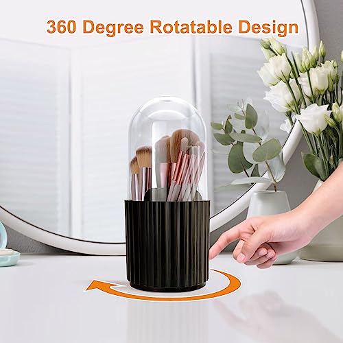 Makeup Brush Holder Organizer with Lid 360 Rotating Dustproof Storage Organizer, 5-Slot Makeup Brush Cup, Multifunctional Pen Holder for Makeup Brush Mascara or Eyeliner(Black)