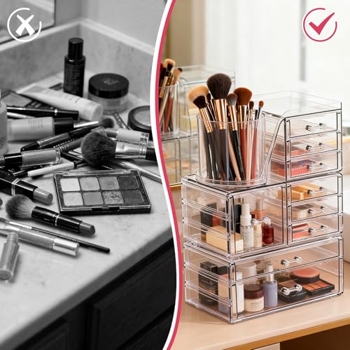 ShineMe Clear Makeup Organizer, 3 Tier Stackable Makeup Storage Organizer with Rotating Brush Holder & 9 Drawers, Acrylic Countertop Makeup Organizer for Vanity Skincare Jewelry and Hair Accessories