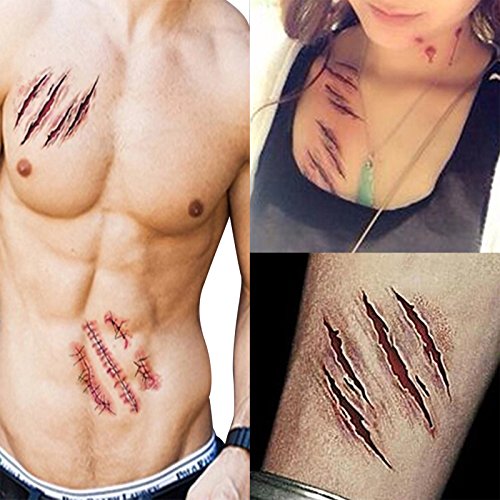 20 Sheets Halloween Body Face Scar Realistic Temporary Tattoos Stickers Horror Realistic Waterproof Fake Bloody Wound Stitch Stickers Makeup for Halloween Party Cosplay