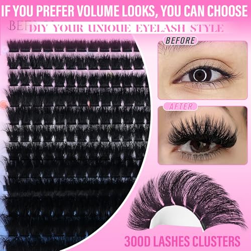 Volume Eyelash Clusters 300D Lash Clusters Thick Lash Extension 8-20mm Individual Lash Extensions DIY Cluster Eyelash Extensions Dramatic Full Salon Look at Home by Befacl