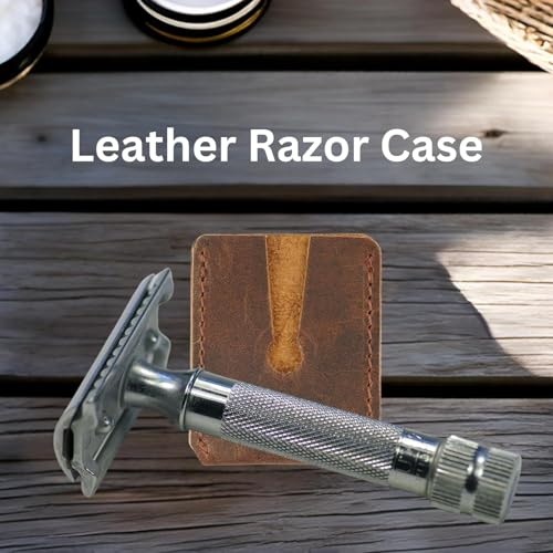 Leather Safety Razor Cover ? Handmade Double Edge Razor Head Protector for Travel, Full-Grain Leather Snap-On Shaving Razor Case, Durable DE Blade Guard for Men (Dark Brown)