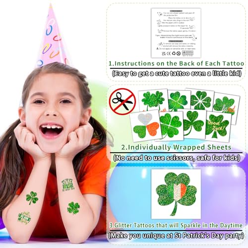 Partywind 204 PCS Glitter Shamrock Tattoos for St Patrick's Day, Individually Wrapped Cut Tattoo Stickers for Saint Patrick's Day Decorations Party Supplies, Irish Clover Accessories for Kids Adults