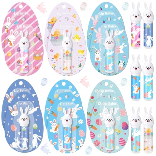 Loopeer 12 Pcs Easter Gifts Bulk Bunny Lip Balm Beeswax Moisturizing 0.18 oz Spring Basket Stuffers Christian Church Party Favors Easter Egg Goodie Bag Fillers for Women Adult Employee Coworker