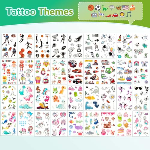 350+ Themed Designs Temporary Tattoos for Kids - Individually Wrapped, Glow in the Dark, Waterproof Fake Tattoos - Multiple Themes: Mermaid, Dinosaur, Unicorn, Baseball, Princess, Soccer, Ocean, Fairy