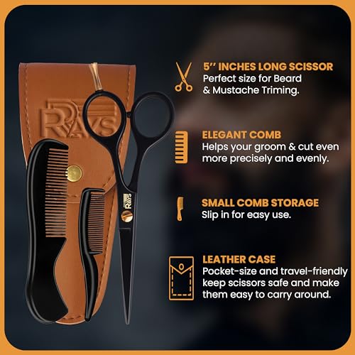 5'' Beard Scissors for Men- German Mustache Scissors with Beard & Mustache Comb- Beard Trimming Scissors with Travel Pouch- Mustache Grooming kit for Men Facial Hair Styling-Mustache Trimmer.