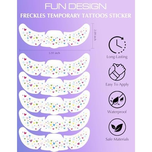 6 Pcs Rainbow Freckles Face Tattoo, Rainbow Heart Glitter Freckle Face Temporary Tattoos Long Lasting, Multichrome Iridescent Sparkle Freckles Colorful Rave Festival Accessories for Women, Set C