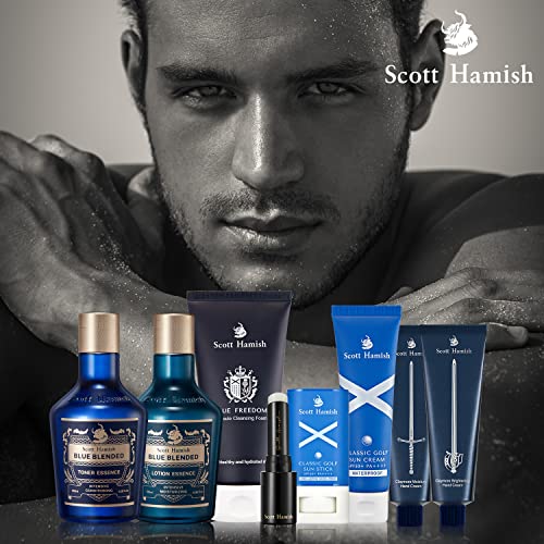 Scott Hamish Blue Blended Set - Skincare Set for Men with Face Wash, Face Toner & Facial Emulsion ? Intensive Moisturizing and Conditioning Aftershave Kit Enriched - Bergamot & Musky Scent
