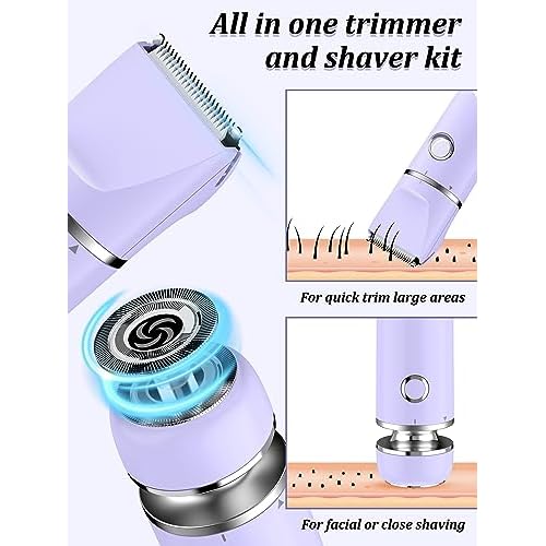 Bikini Trimmer and Shaver Kit for Women - 2-in-1 Wet/Dry Electric Body Hair Trimmer Facial Hair Removal Cordless Waterproof Bikini Shaver Razor for Face Lip Chin Pubic Underarm Legs (Purple)