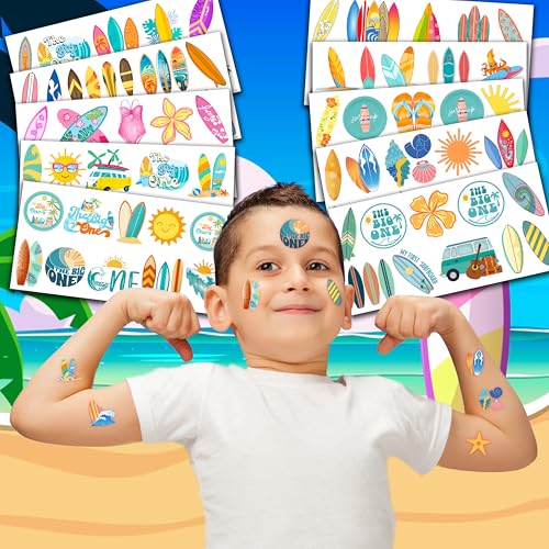 Cute Surfing Temporary Tattoos The Big One Surf Birthday Party Decorations Favors Supplies Summer 1st Themed Stickers 10 Sheets 100 PCS Gifts for Kids Girls Boys Decor Class School Carnival Christmas