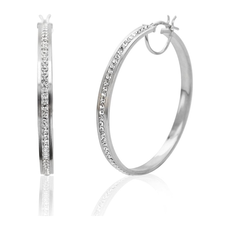 Sterling Silver Hoop Earrings with Crystals - Rhodium Plated Women's Jewelry