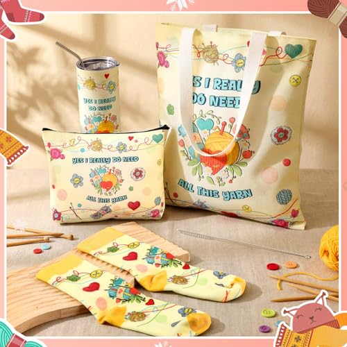 4 Pcs Crochet Gifts Yes I Really Do Need All This Yarn Knitting Gifts Include 20 oz Tumbler Cosmetic Bag Tote Bag Socks Christmas Birthday Favors for Knitters Crocheters Crochet Lovers