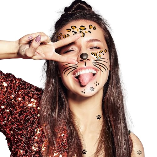 Leopard Face Temporary Tattoos, 7-Sheet Leopard Face Halloween Fake Tattoos for Kids and Adults - Perfect for Parties, Festivals, and Costumes