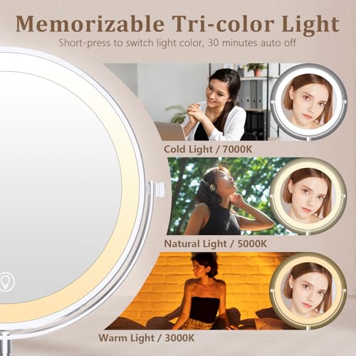 Unimiro 9inch Wall Mounted Makeup Mirror with Light, 1x/20x 5000mAh Rechargeable Magnifying Mirror with Light, 360¡Æ Rotate Bathroom Mirror with Lights, 3 Color, 80 LEDs, Stepless Dimmable
