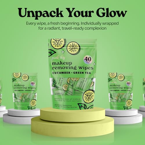 Pink Sky Makeup Remover Wipe for Face - Ultra Soft, Mini Makeup Wipes Individually Wrapped, Travel Makeup Wipe, Gently Cleanse & Remove, 40 Count (40 Wipes, CUCUMBER & GREEN TEA)