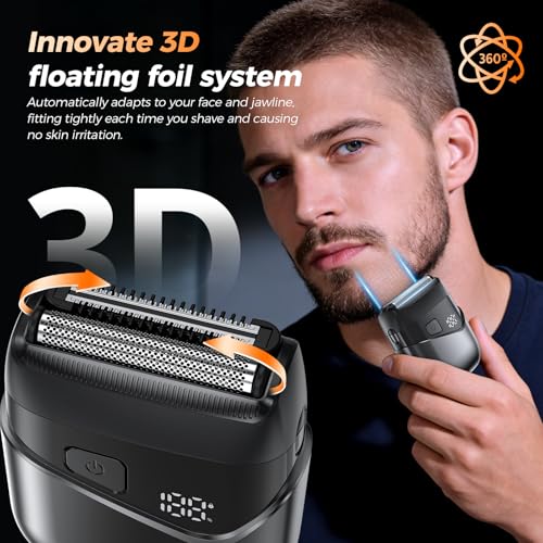 Electric Foil Shavers for Men- New Version Mini Electric Razor with 3D Floating Heads & Precision Blades, Portable Cordless Electric Shaver IPX7 Waterproof, LED Display & Fast Charge, Black