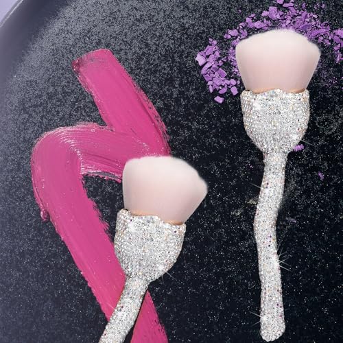 SlowVibes Rhinestone Foundation Brush,Rose Shape Bling Diamond Blush Brush Soft,Large Face Powder Makeup Brushes,Sparkle Cosmetic Nail Dust Brush,Loose Powder Brush,Women Professional Makeup Tools