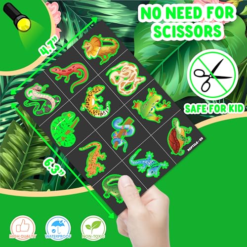 96PCS Reptile Animal Safari Jungle Lizard Pre-Cut Luminous Glow in the dark Temporary Tattoos for Kids | Super Cute Theme Birthday Party Favors Supplies Decorations, Fake Tattoos Gifts for Boys Girls