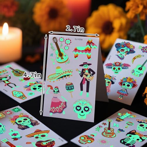 Day of the Dead Face Tattoos, Day of the Dead Decorations Party Favors Glow, Dia De Los Muertos Sugar Skull Temporary Tattoos for Kids, Day of the Dead Crafts Decor