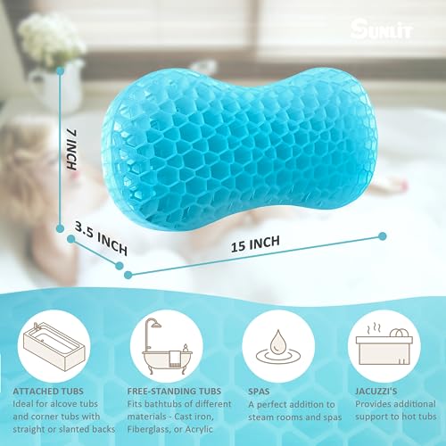 Sunlit Bath Jello Mini Gel Bath Pillows, Lumbar Pillow for Bathtub, Back Support Pillow, Gel Pillow with Non-Slip Suction Cups for Lumbar, Back Rest Support, Fits Curved or Straight Back Tubs, Aqua