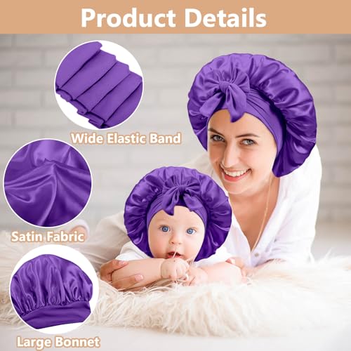 2 PCS Mommy and Me Bonnet Set, Silk and Satin Bonnets for Sleeping with Elastic Tie Band, Adjustable Hair Bonnets for Women, Girls, Kids and Toddlers (Dark Purple)