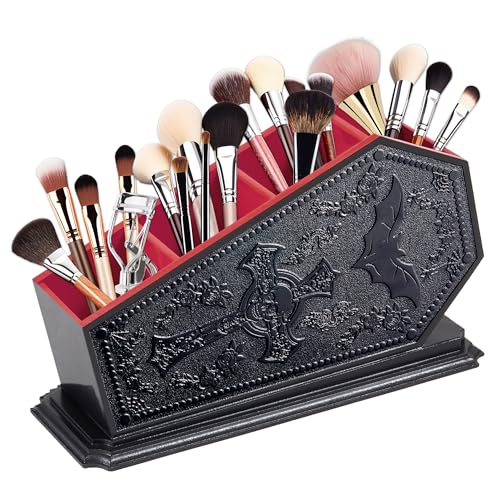 Gothic Coffin Decor Makeup Brush Holder,Spooky Witchy Gifts for Women,Bat Cosmetic Display Cases,Goth Decor Pen Holder, Vanity, Desk, Office Organizer for Bedroom Bathroom (Red)