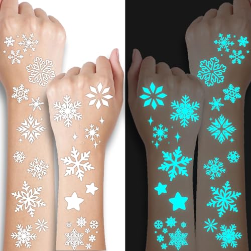Blue Luminous Snowflake Temporary Tattoos - 74 Individually Sheets White Snowflake Tattoos for Kids Adults Winter Christmas Party Supplies