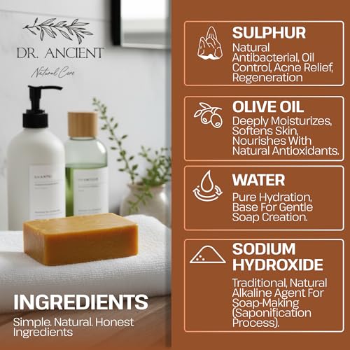 Dr.Ancient Sulphur Soap Bar Organic Natural Vegan Traditional Handmade Antique - Antibacterial, Effective For Acne - Absolutely No Chemicals! Pure Natural Soap! 5 Ounce (Pack of 2)