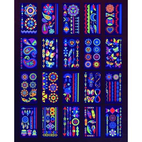 20 Sheets Glow in The Black Light Temporary Tattoos, Glow Party Supplies for Adults and Kids, 160+ Neon UV Glow Fluorescent Designs, Perfect for Neon Raves, Festivals, Birthday Parties and More