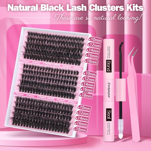 Focipeysa Full Volume Lash Extension Kit 70D 80D 90D Thick Lash Extension Kit 10-18mm Wispy Lash Clusters Individual Lashes Kit with Lash Bond and Seal for DIY Lash Extension at Home